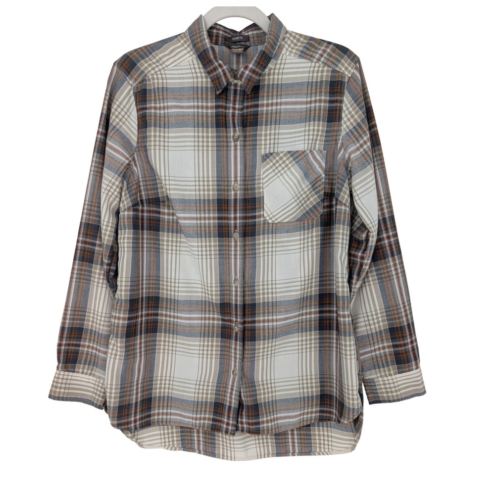 Eddie Bauer Plaid Shirt Womens M Brown Classic Fit Long Sleeve Cabin Hiking Fall